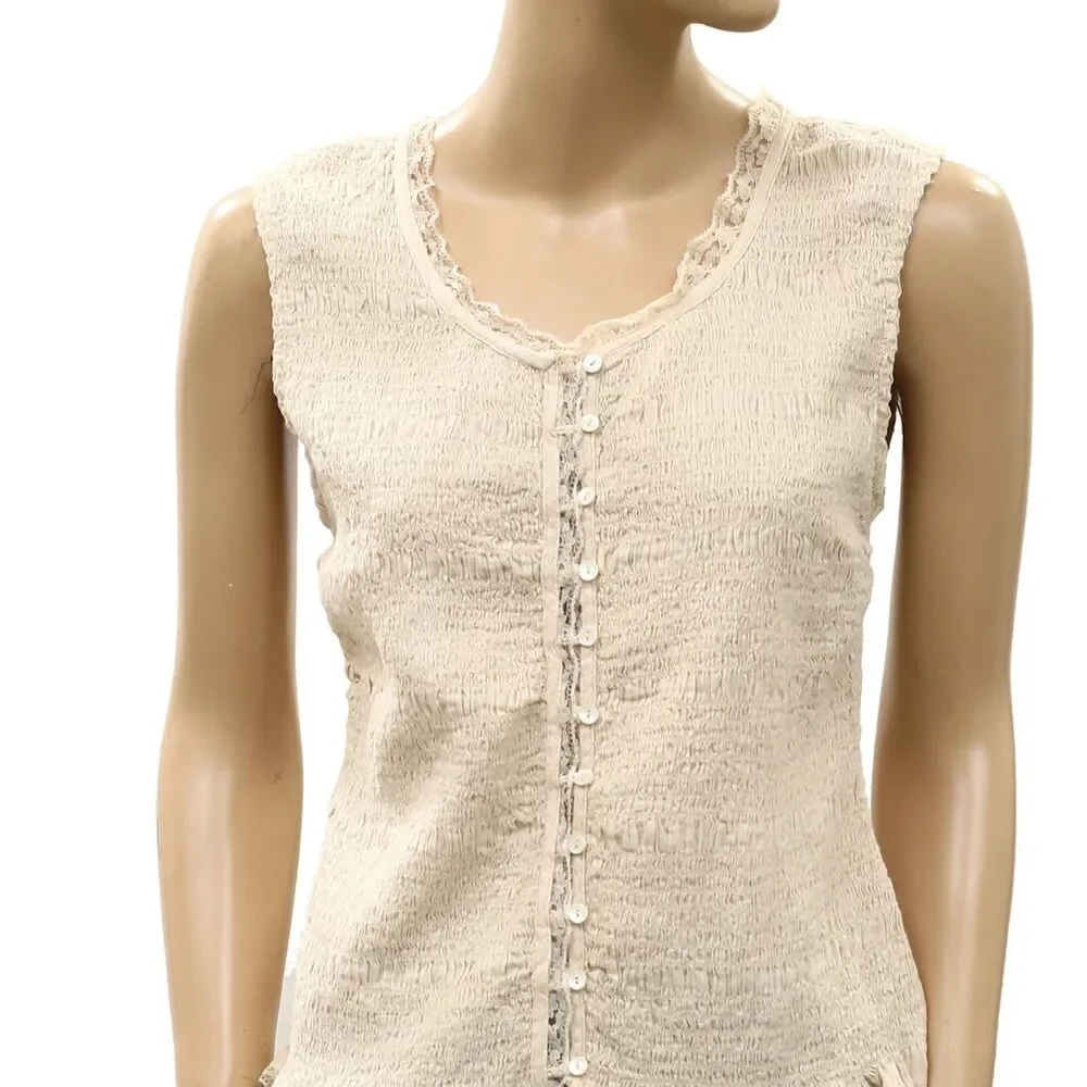 Free people Women's Smocked Solid  Blouse Tank Top Lace Boho Cotton L 288881